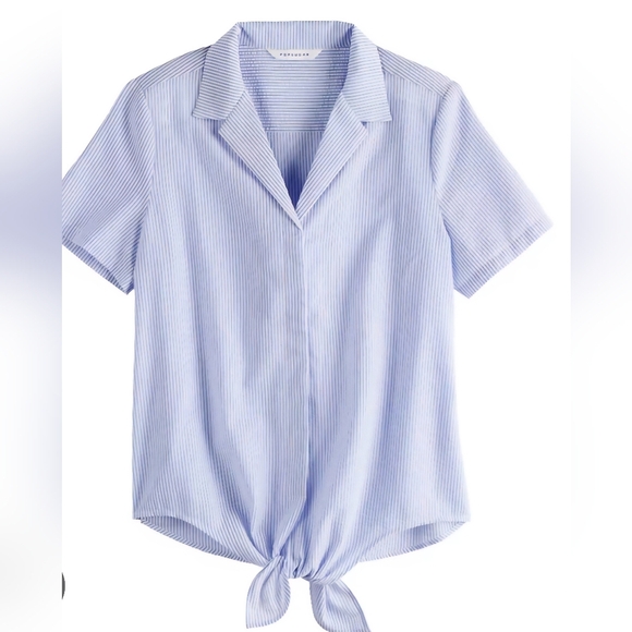 POPSUGAR Women's Blue Striped Front Tie Button Up Shirt Large - Picture 1 of 6